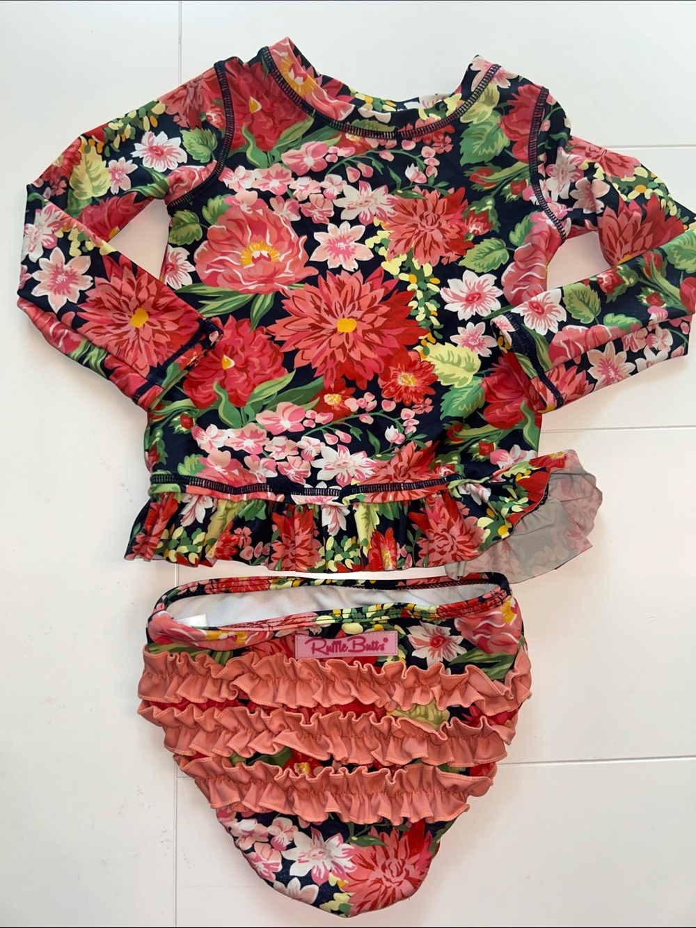 Ruffle Butts Floral Long-Sleeve Rash Guard Bikini Set - Navy, Pink, Coral, Green